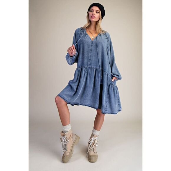 1009 EASEL Small Washed Denim Oversized Fit Tiered Dress - Picture 6 of 6